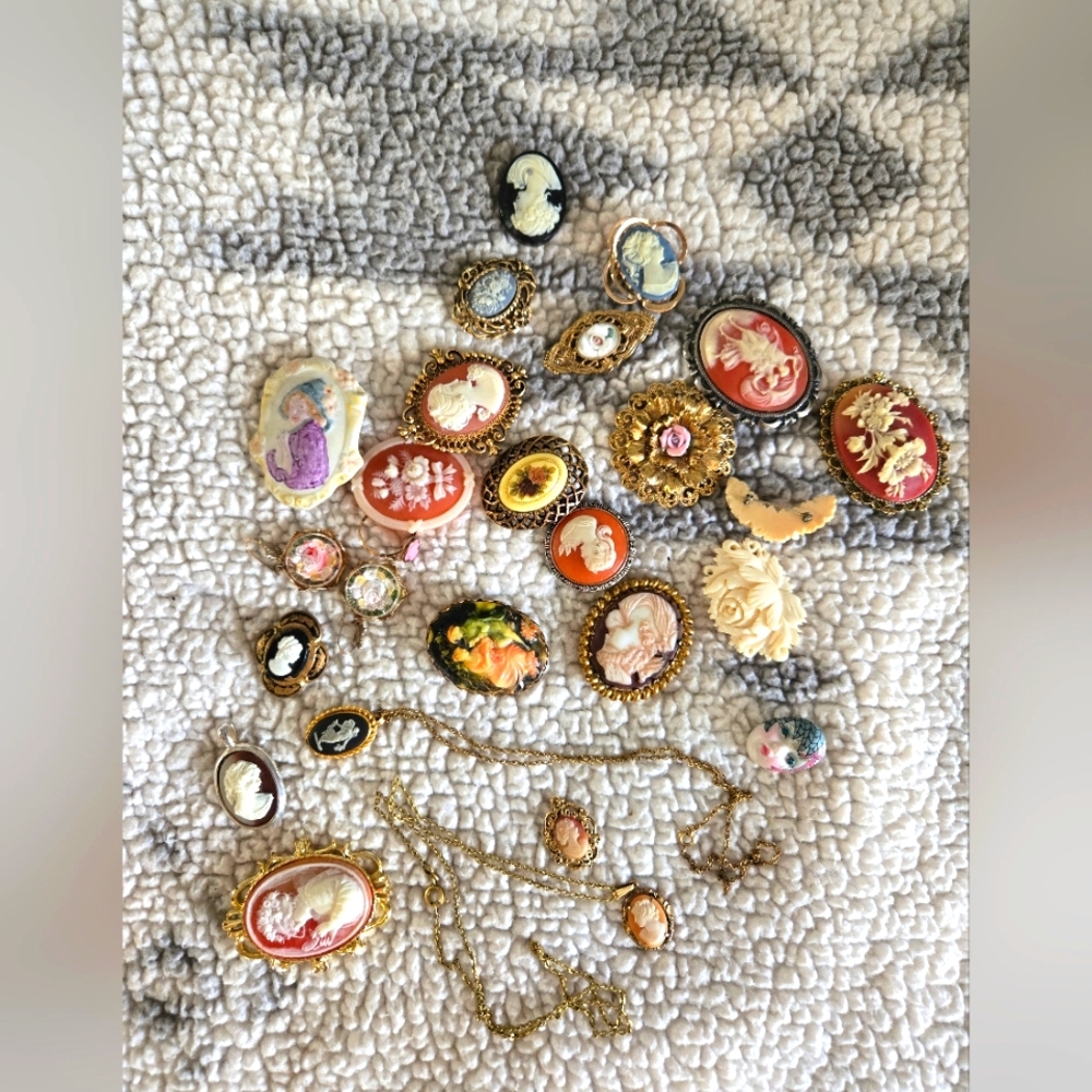Vintage Cameo Brooch, Necklace And Earring Lot